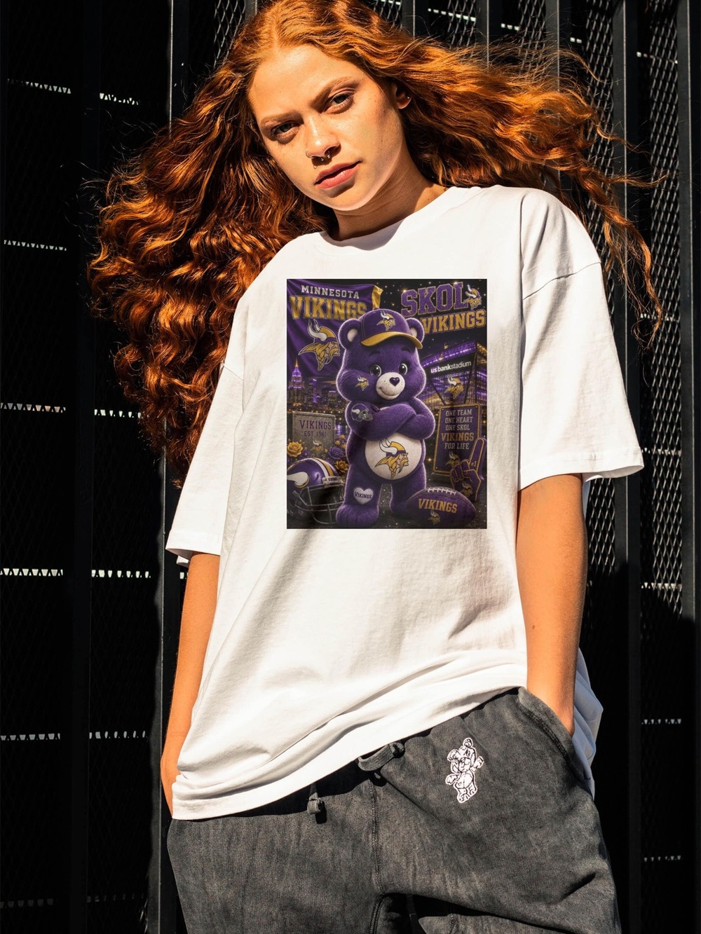 White Graphic Tee - Vikings Team Bear Design